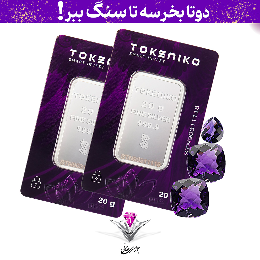 🟣باندل دو عددی شمش نقره توکنیکو 20 گرمی (999.9) به همراه سنگ آمیتیست + دو عدد آمیتیست رایگان🟣