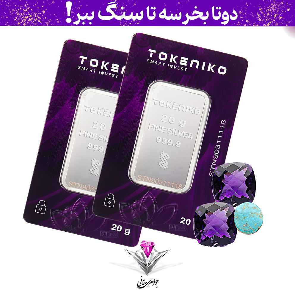 🟣باندل دو عددی شمش نقره توکنیکو 20 گرمی (999.9) به همراه سنگ آمیتیست + آمیتیست و فیروزه رایگان🟣