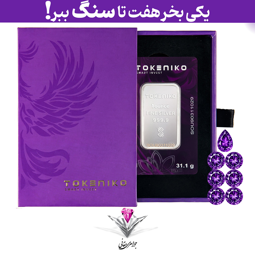 باندل شمش نقره توکنیکو 1 اونسی (999.9) به همراه 7 عدد سنگ آمیتیست