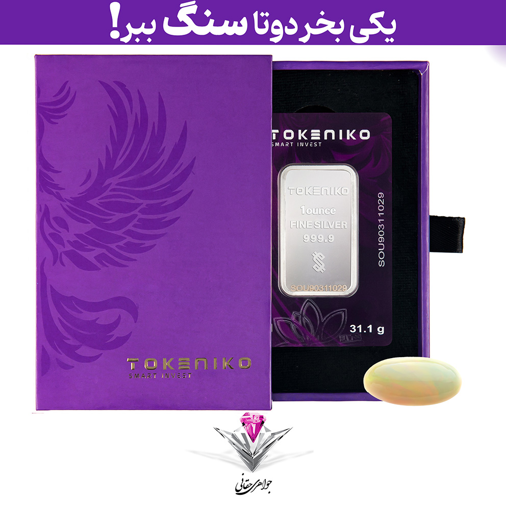 باندل شمش نقره توکنیکو 1 اونسی (999.9) به همراه سنگ اوپال مدل بیضی