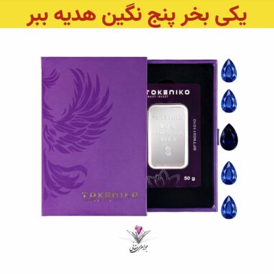 باندل شمش نقره توکنیکو 50 گرمی (999.9) به همراه سنگ 5 عدد یاقوت کبود هدیه